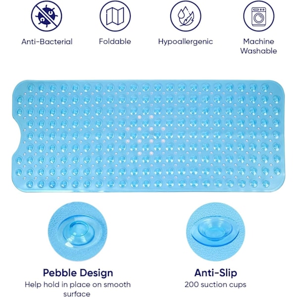 Sklisikker dusjmatte med anti-mugg - Dusjmatte for badekar og bad med dreneringshull og sterke sugekopper, vaskbar i maskin blue