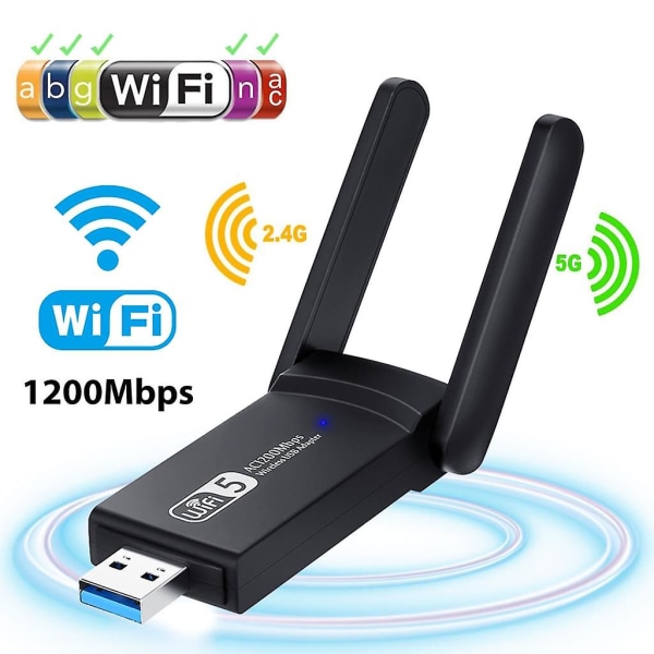 USB Wi-Fi-sovitin 1200 Mbps, USB 3.0 Wifi-sovitin Wifi Yhteensopiva PC Pöytätietokone Kannettava Kaksikaistainen 2,4 GHz 300 Mbps