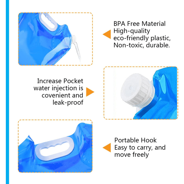 2 pakkaontaitettava vesisäiliö, 5L+10L ulkoilutettava taittuva vesipussi Auton vedenkantoastia Urheilukäyttöön Leirintään Patikointiin Piknikkiin BBQ Vedenkestävä Blue