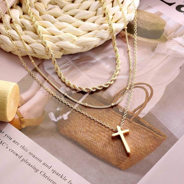 Fint Lagdelt Choker Halskæde, Håndlavet 14K Guldbelagt Y Vedhæng Halskæde Multilayer Bar Disc Halskæde Justerbar Lagdeling Choker Halskæder til Kvinder 3PCS  Twist chain&Beads Chain&Cross 3PCS  Chain&Bar&Hammered Disc