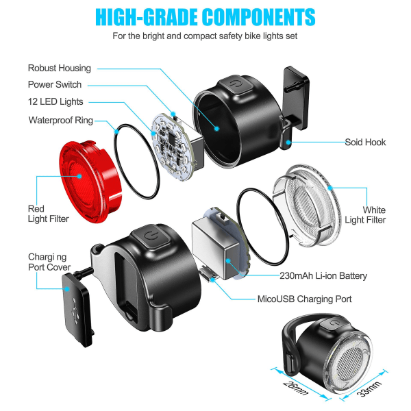 Bike Light Set, 6 Led Bike Lights Front And Rear, Ip65 Waterproof Mountain Road Riding Safety, Rechargeable Headlight And Taillight Set