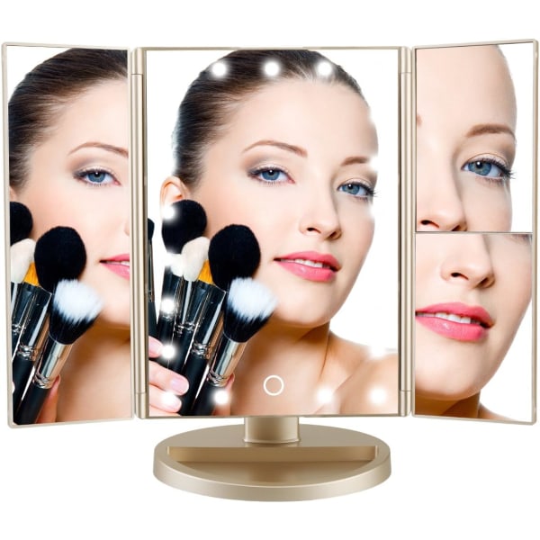 Oplyst makeup-spejl med 3X/2X/1X-forstørrelse, 21 LED-lys og berøringsskærm, dæmpbart spejl, to strømforsyningstilstande til bordsminke Gold