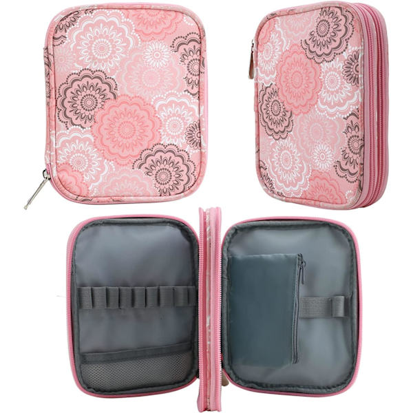 Virka kroknålsfodral, tomt förvaringsfodral med dragkedja och nätfickor för olika virknålar, sticktillbehör, virknålskitverktyg (Pi Pink Flower