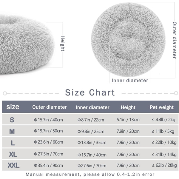 Rolig hundekat donut seng - 27,5 tommer fluffy plys hund hvalp killinger kæle seng rund seng, varm og blød kæledyr hyggelig anti-angst senge med skridsikker bund og Light Grey 70.00 x 70.00 x 20.00 cm (L x W x H)
