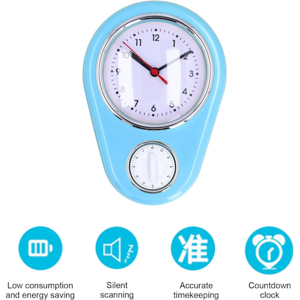 Væg ur køkken timer, 60 minutters visuel nedtællingstimer, lydløs drift, nem at læse, retro køkken vægur, visuel timer, hjemmekøkken T Blue