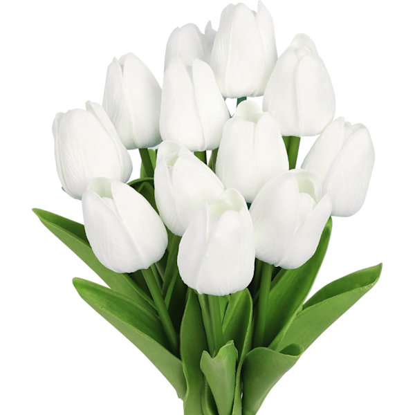 G Kunstige Blomster Tulipaner, 12 stk Falske Tulipaner Real Touch Latex Kunstige Tulipaner Blomster til Bryllup Brudebukett Arrangementer Hjemmefest Hotell Floral D White