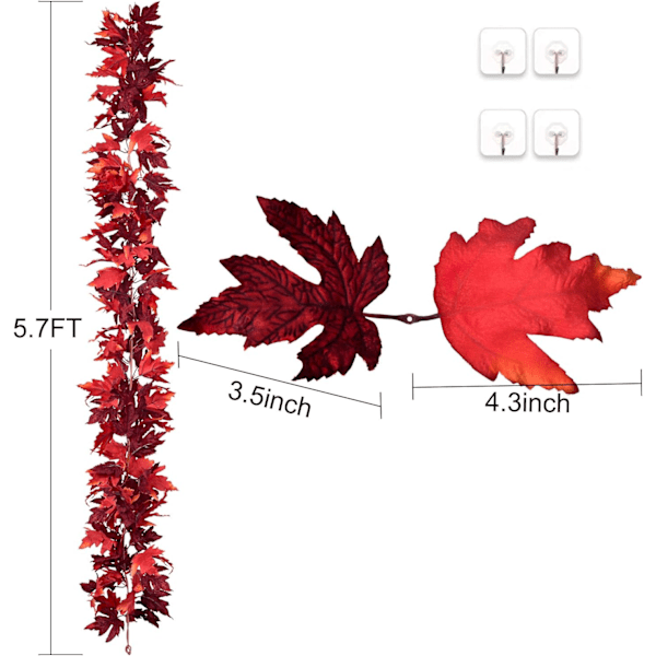 2 Pakk Høstløv Girlander Lønneløv, 5,9Ft/Stykke Henge Vingirlander Kunstig Høstløv Girlander Thanksgiving Dekor for Hjem Bryllup Peis Dark Red