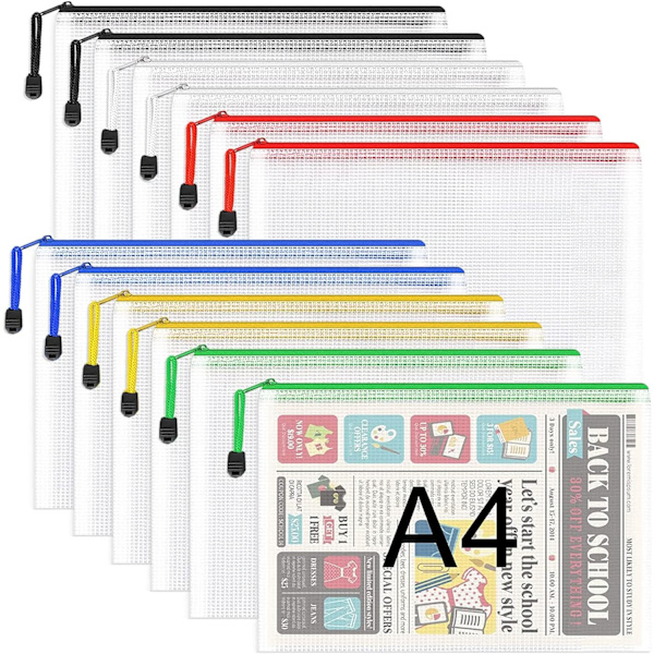 A4 Plast Zip-mapper - 12 stk. lynlås-filposer Mesh Zip Lock Dokumentpungholder Rejseopbevaringspose til kontorartikler og rejsetilbehør 6 Colours  12 PCS A4