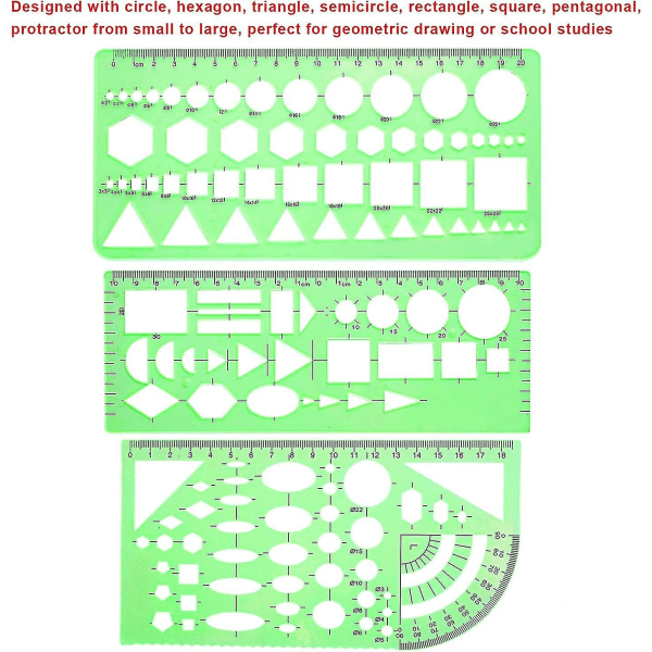 9 stk. tegningsskabeloner franske kurveskabeloner geometriske skabeloner måler lineal klar grøn