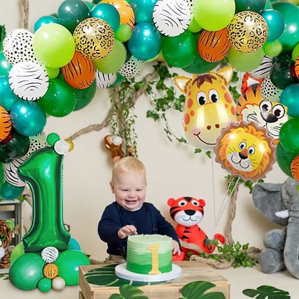 Jungle 1 år gammel dreng fødselsdagsfest dekorationer, 1 år gammel baby dreng fødselsdags fest dekorationer, 1 år gamle fødselsdag balloner dyr med latex Jung