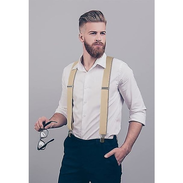 Beige Färg-herr Suspender Med Mycket Stark 4 Klipp Suspender Man Heavy Duty X Suspender Stil Justerbar Suspender