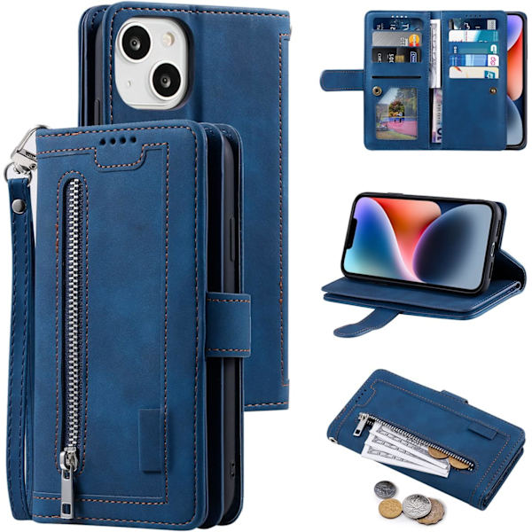 Plånboksfodral för iPhone 15 6,1 tum, Retro 9 kortfack Dragkedja Handväska Fodral PU Läder Magnetisk Stängning Stativ med handledsrem TP Blue iPhone 15 6.1 inch
