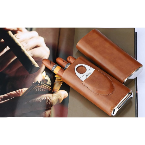 Højkvalitets læderhumidor (brun) Holder op til 3 cigarer dækket cigarhumidor med sølvcigarskærer