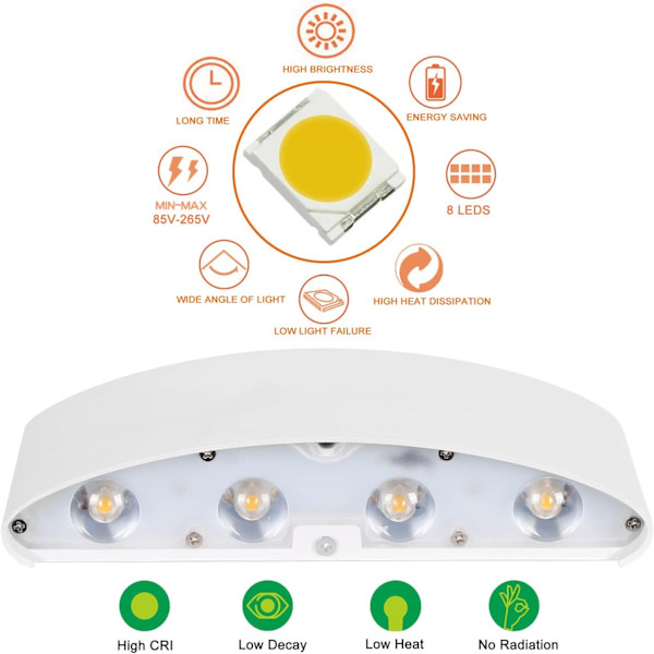 LED væglamper Hvid Aluminium Vandtæt Moderne Væglampe 8W Op Ned Spot Lys Koldt Hvid 6000K Væg Vask Lys til Stue, Soveværelse, Gang