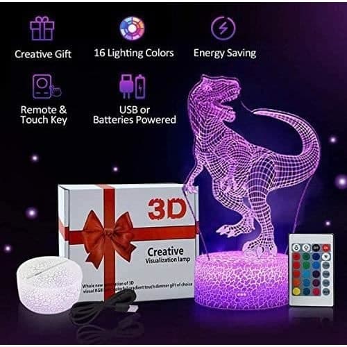 3D-illusionslampe, 3D-dinosaur-natlampe til børn, USB LED-legetøj til værelsesindretning med 7 farveskift