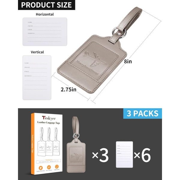 Pakke med 3 bagagemærker, PU-læder bagagemærker til kufferter, bagagemærker med navneskilt, synlige, holdbare, rejsetilbehør, grå Grey 2.7 x 4.2 Inch/6.8 x 10.7 cm