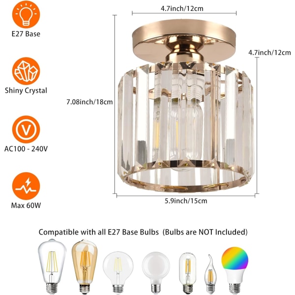 Liten krystall taklampe, gull krystall lysekrone moderne LED taklampe anheng armatur belysning for soverom kjøkken gang inngang balkong