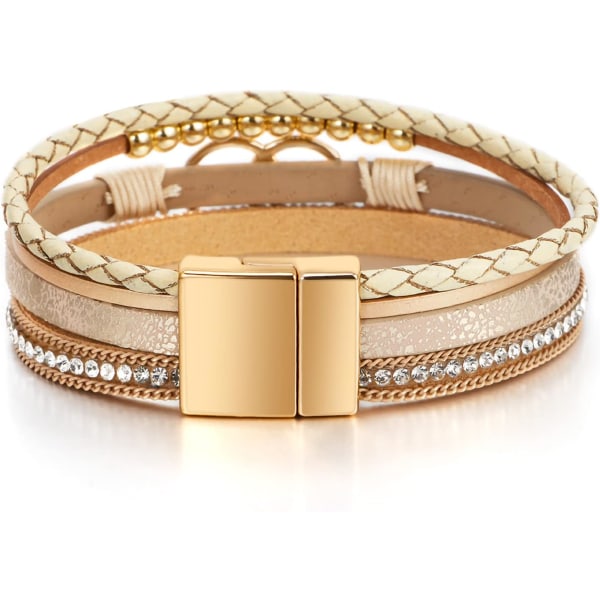 Leopardarmbånd for kvinner, Boho lær innpakning flerlags perle krystall armbånd bangle smykker B38:Double Circle(Khaki) A7Feather