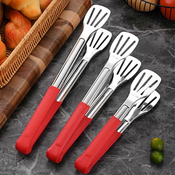 Serveringstang i rustfritt stål med grep – 3-linjers spaltehode – for BBQ og buffetkjøkken Silver S