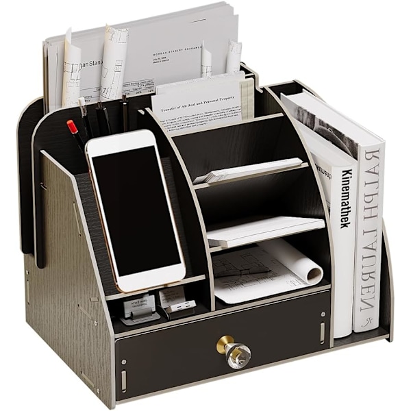 Opgraderet træ skrivebord stationær arrangør med telefon dockingstation, skrivebord opbevaring arrangør caddy med skuffe og reol blyantholder Stora B201 Black