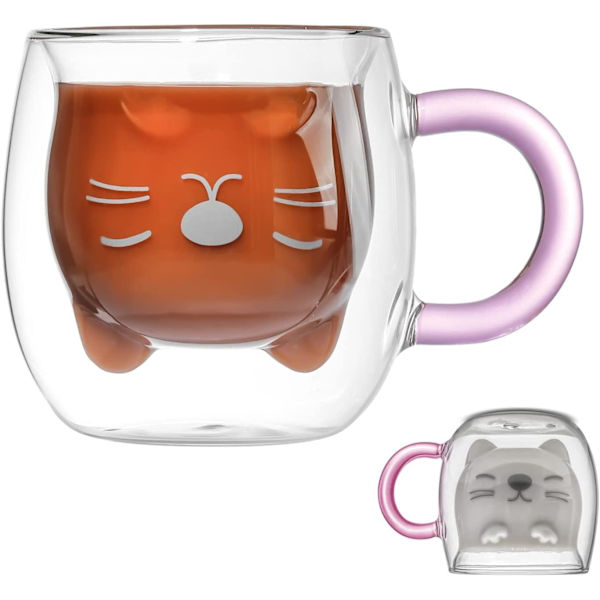 Söt Katt Kaffekopp, Dubbelväggig Glas Tekopp, Alla Hjärtans Dag Påsk Mors Dag Examen, Presenter till Kvinnor Fru Mamma Hennes Flickvän Pojke Barn Lärare Purple