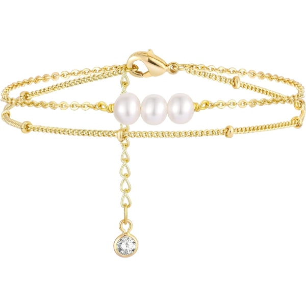Armbånd for kvinner 14K gullbelagt delikate kjede enkle smykker søte for jenter 2 Layer  3 Pearls + Satellite Chain 2 Layer Satellite Chain