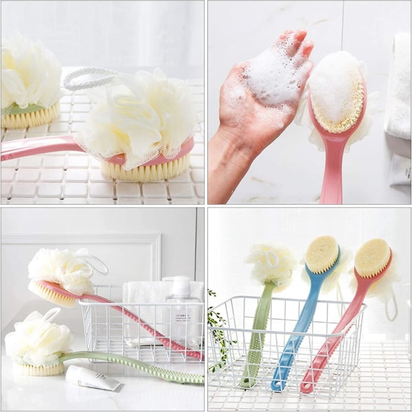 Duschkroppsborstar med borst och luffa badborste med långt handtag bakåt Scrubber för dusch för män och kvinnor (2st, blå+rosa)
