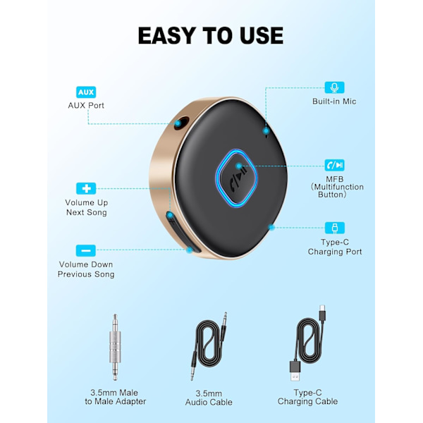 Bluetooth 3.5 mm AUX-adapter för bil, Mini Bluetooth 5.3-bilförstärkare för stereo/högtalare/trådbundna hörlurar, Bluetooth-bilsadapter AUX, handsfree Gold