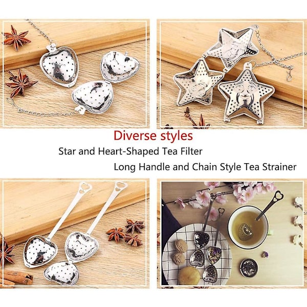 Mesh Snap Ball Tea Strainer, 6 kpl ruostumattomasta teräksestä valmistettu teesiivilä, tähden ja sydämen muotoinen teesiivilä
