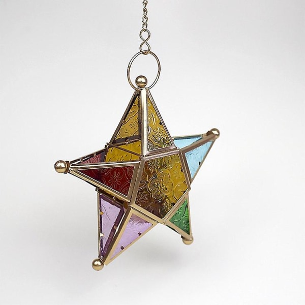 Femtakket stjernekandelaber Hængende glaslanterne i marokkansk stil (1 stk, farverig)
