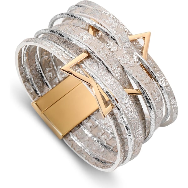 Leopardarmband för kvinnor, Boho Läderomslag Flerlagers pärlor Kristallarmband Armband Smycken B43:Star Leather(Silver) A7Feather