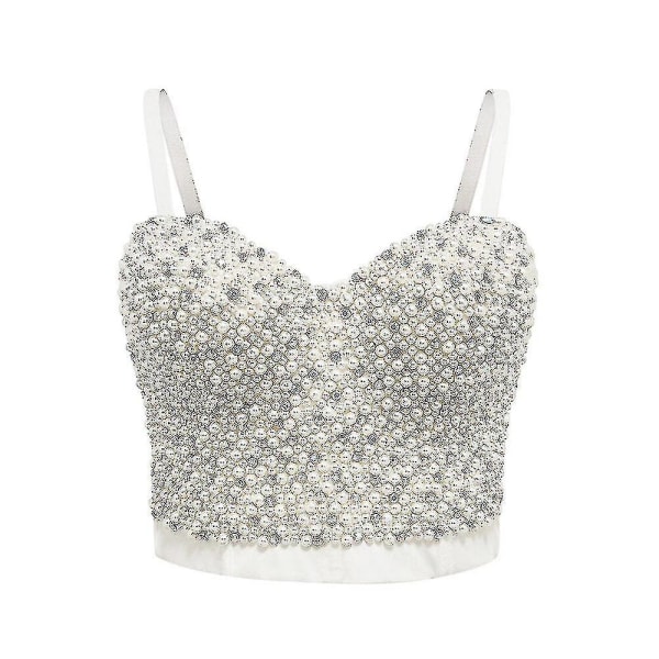 Dam Pearl Rhinestones Crop Top Push Up Corset Linne Femme Beaded Backless Sexy White Tops 2021 Dropshipping