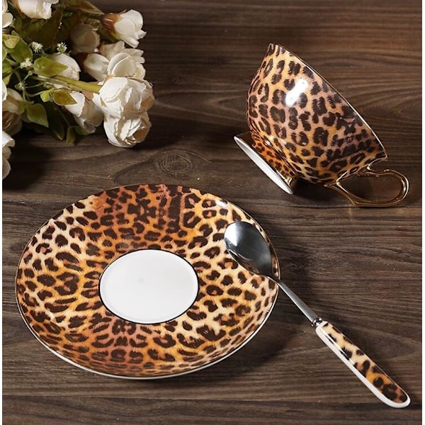 ® YBK Tech Euro Style Bone China Kop & Underkop Sæt, Keramisk Te- og Kaffe Kop til Hjem Køkken Bryllup (Leopard Mønster) Leopard Pattern