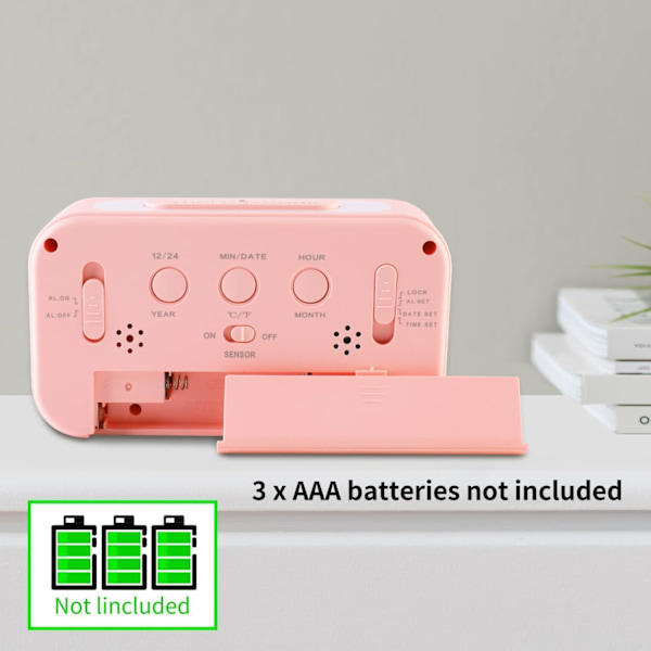 Uppgraderad Digital Väckarklocka, 4,3\" LED-Display med Temperatur Större Ljudstyrka Ljuskontroll Bärbar Snooze Kalender Ljusstyrka med Batteridrift Pink