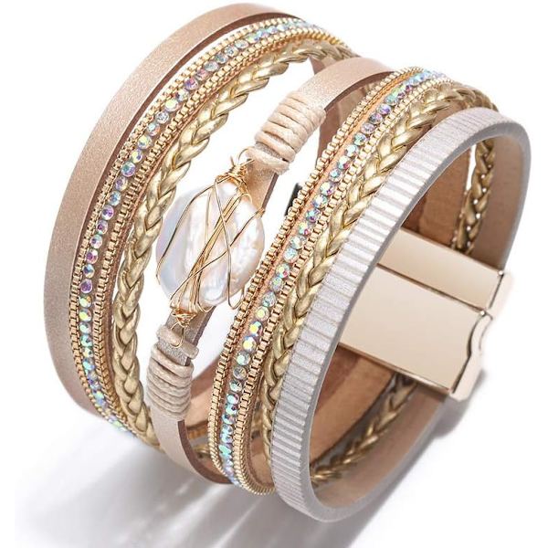 Leopard Armband för Kvinnor, Boho Läder Wrap Flerskikts Pärla Kristall Armband Smycken B12Round Pearl(Gold) A7Feather
