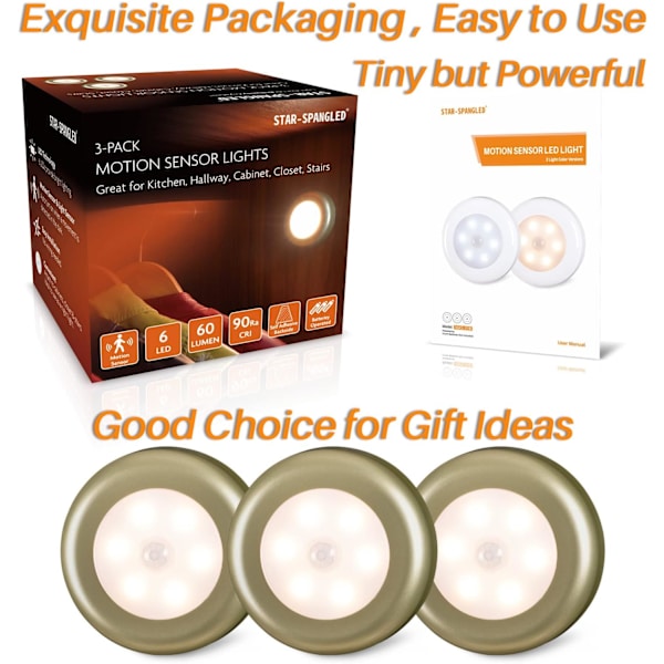 Rörelsesensorlampor inomhus, High CRI Stick on Puck Lights Batteridriven, Sladdlös LED-lampa för under skåp, skåp, garderob, trappor, kök Golden Body, Warm White, 3 Pack 3 Pack