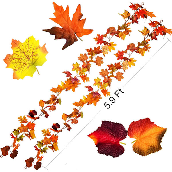 2 Pakke Efterårsguirlande Ahornblad, 5,9Ft/Stk Hængende Vingguirlande Kunstig Efterårsløv Guirlande Thanksgiving Dekoration til Hjem Bryllup Pejs Orange