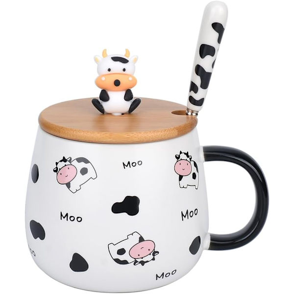 Sød dyrekaffekop med låg og ske, søde ko-print ting gaver, keramisk tekande, Kawaii-kop, tegneseriekaffekop gave til kvinder kontor og Black and White