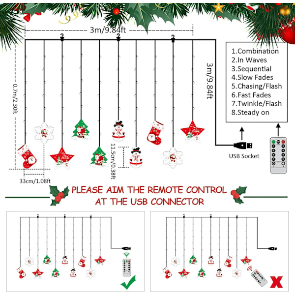 Julegardinlys, 3m x 0,65m, USB-vindulys, Julepynt, LED-lyslenke for soverom, innendørs, Hengende lys, Stjerne, Snøfnugg 3m/3d