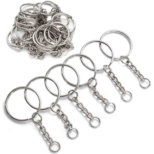 Nøkkelringsett, 30 stk 1 tommers splittede nøkkelringbuer (25 mm) med kjede + 30 stk hoppe ringer, metall sølv nøkkelringkjeder, for DIY håndverk kvaster Silver 25mm(30pcs)