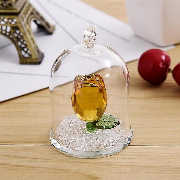 Krystal Rose Blomster Figurine Drømme Ornament I En Glaskuppel Gaver Til Dame (gul)