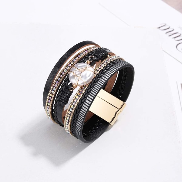 Leopard Armbånd for Kvinner, Boho Lær Wrap Multi-Layer Perle Krystall Armbånd Smykker B14Round Pearl(Black) A7Feather