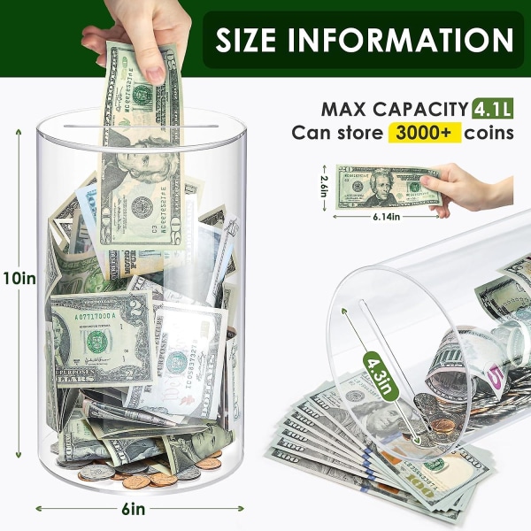 Ekstra stor sparegris til voksne og børn, akrylgennemsigtig sparegris og møntkrukke, 4,1 liters kapacitet skal brydes for at åbne (15*25,5 cm)