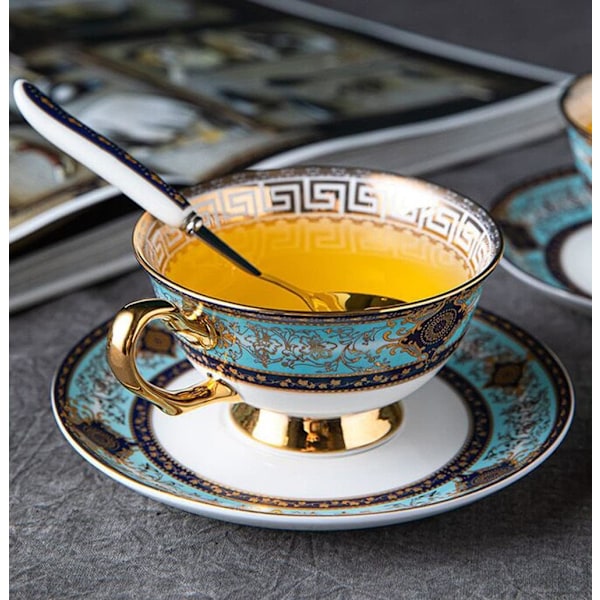 ® YBK Tech Euro Style Benporslinskopp & Fatbricka Set, Keramisk Te- & Kaffeekopp för Hem, Kök, Bröllop (Kungligt Mönster - Himmelblå) Royal Pattern Sky Blue