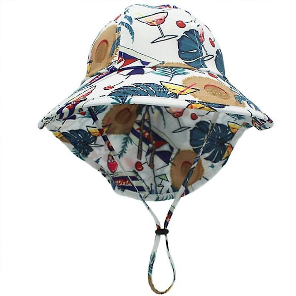 Sea World Mönster Barn Solhatt, Hals Skydd Solhatt, Super Solskydd Upf 50+, Kepsmått 51-54cm (vit + Kokosnötsträd)