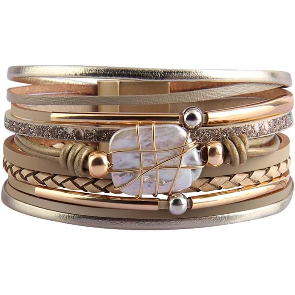 Leopard Armbånd til Kvinder, Boho Læder Wrap Multi-Layer Perle Krystal Armbånd Smykker A4Gold Leather(Pearl) A7Feather