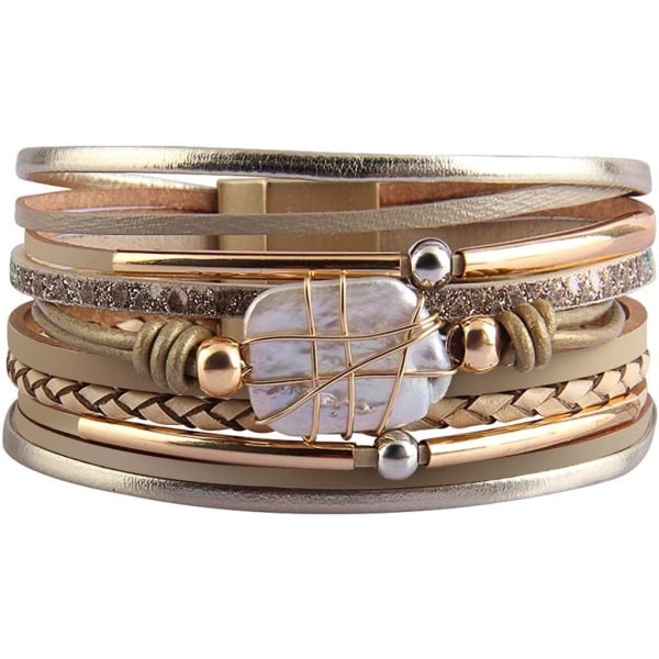 Leopardarmband för kvinnor, Boho Läderomslag Flerlagers pärlor Kristallarmband Armband Smycken A4Gold Leather(Pearl) A7Feather