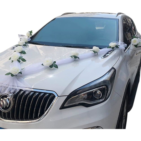 Bånd bryllupsbil, bryllup dekorasjon bil, hvit luksus romantisk rose bryllup bil dekorasjon sommerfugl bånd dekorasjon bryllup fest dekorasjon