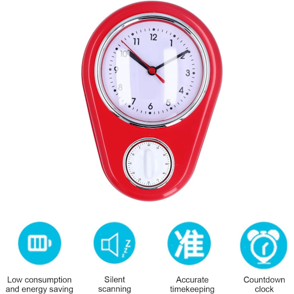 Væg ur køkken timer, 60 minutters visuel nedtællingstimer, lydløs drift, nem at læse, retro køkken vægur, visuel timer, hjemmekøkken T Red