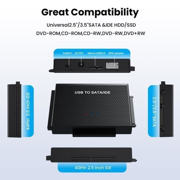 USB 3.0 til IDE SATA Harddisk Adapter - 80cm til 2.5\" 3.5\" IDE SATA SSD HDD med Ekstern Strømforsyning